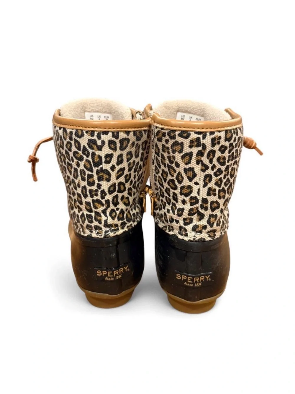 Sperry Leopard Print Winter Duck Boots with Black Rubber Lower Size 5